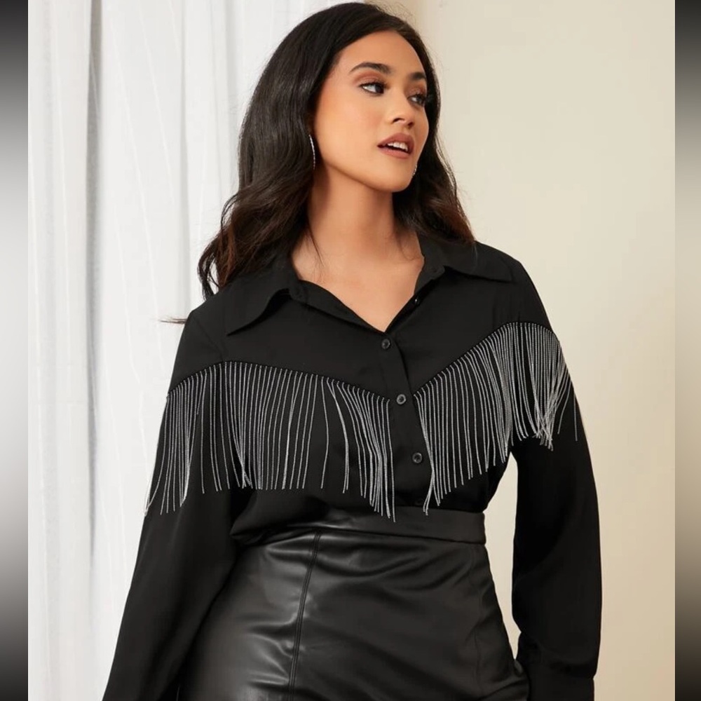 SHEIN tassle button down shirt